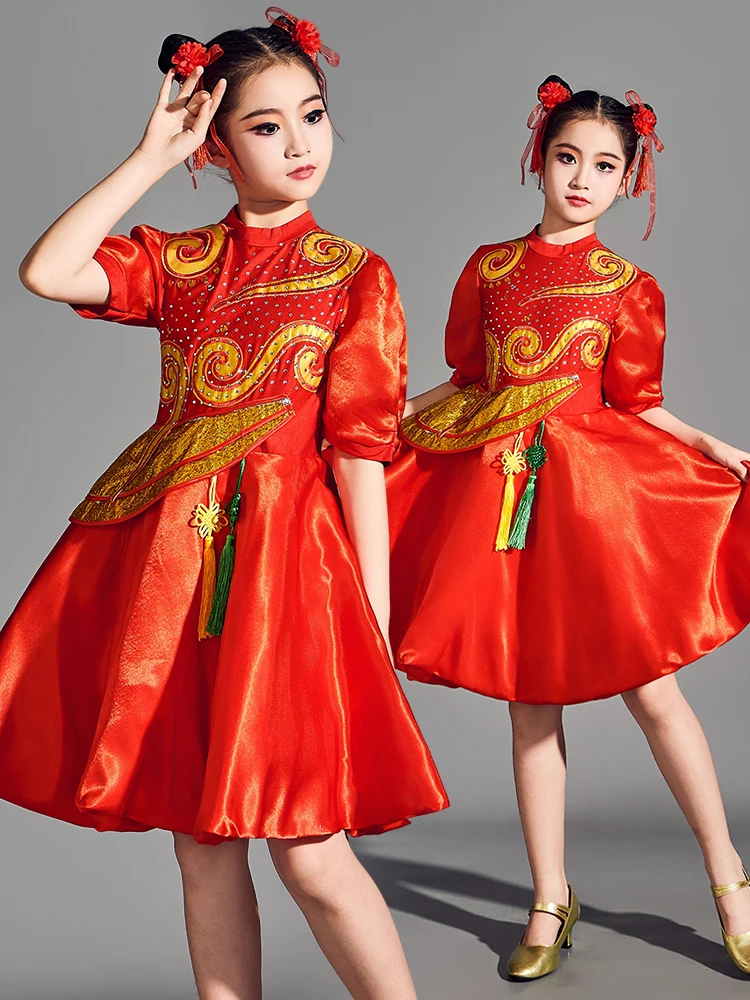 

Красный современный танцевальный костюм для выступлений, детская пышная юбка, наряд для танцевальных представлений, праздничный топ, этническая сценическая одежда