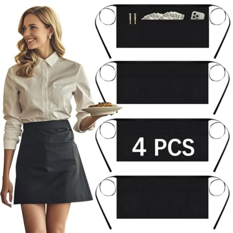

Server aprons with 3 pockets - Reinforced tailor edge restaurant apron black waitress apron