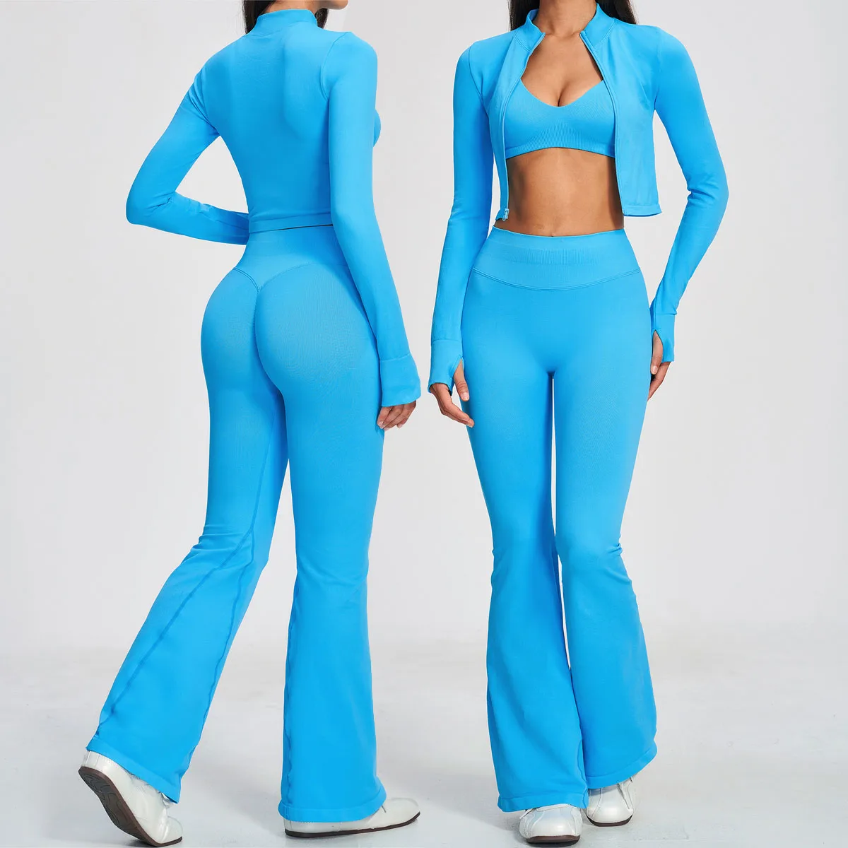 Women Tracksuit 3PCS Yoga Suit Seamless Sports Set Flared Leggings Gym Running Workout Long Sleeve Sports Coat Yoga Clothing