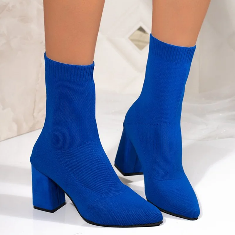 Sock Boot Women - Bottines à talons épais bleues en