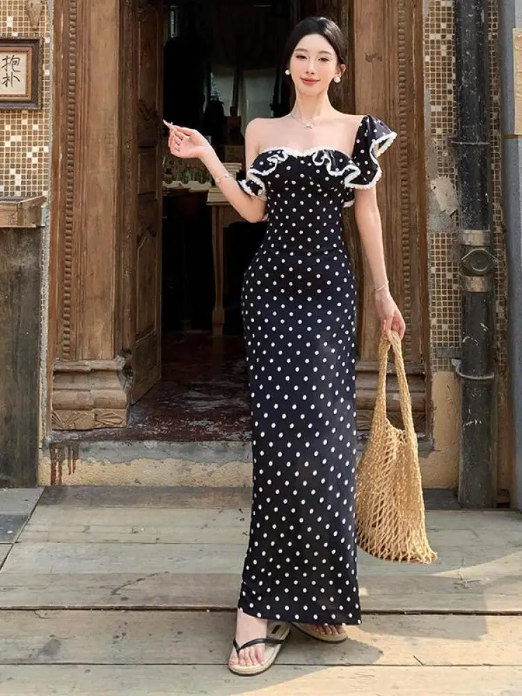 

Summer French Retro Black Polka Dot Elegant Ruffles Backless Slip Dress Women Sleeveless Sexy Vacation Pleated Long Dress Trendy
