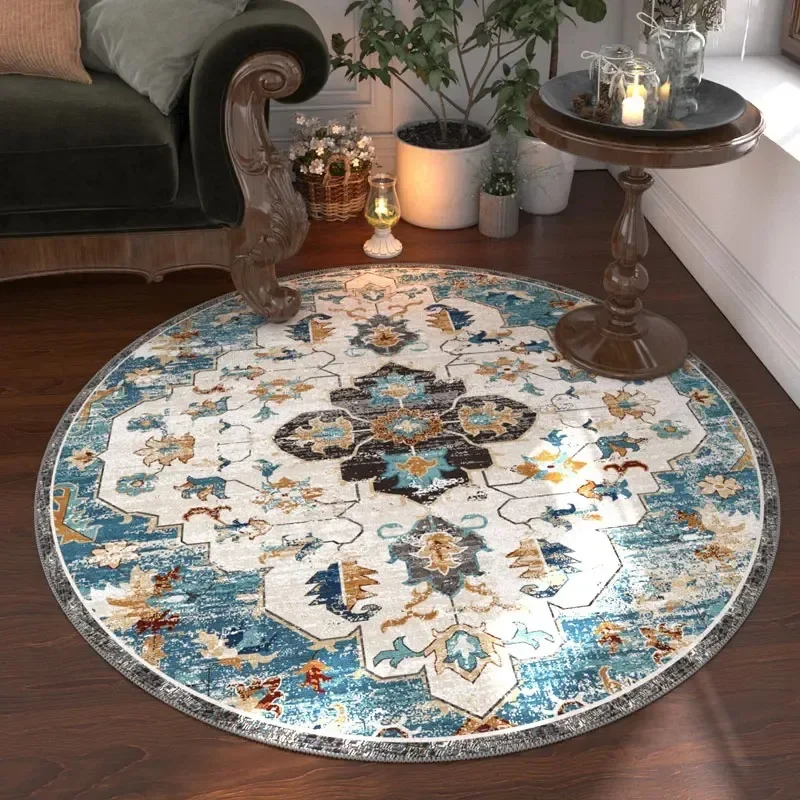 Round Boho Rug Center Charcoal Medallion Printed Circular Carpet Distressed Lapis Blue Cream Beige for Armchair Coffee Table