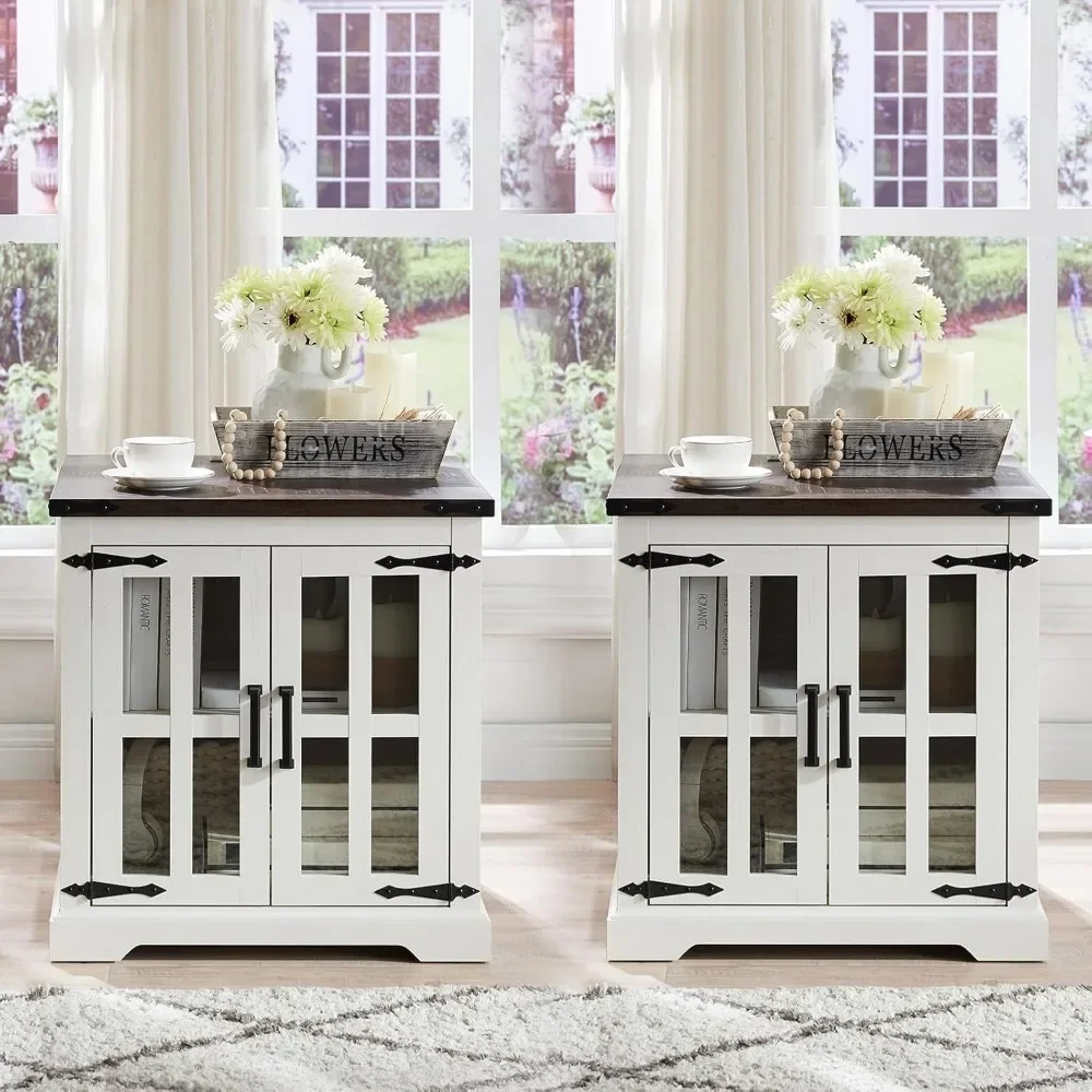 

Farmhouse End Table with Charging Station,24" Large Side Table with Glass Barn Door, Rustic Wood Nightstand Bedside Table
