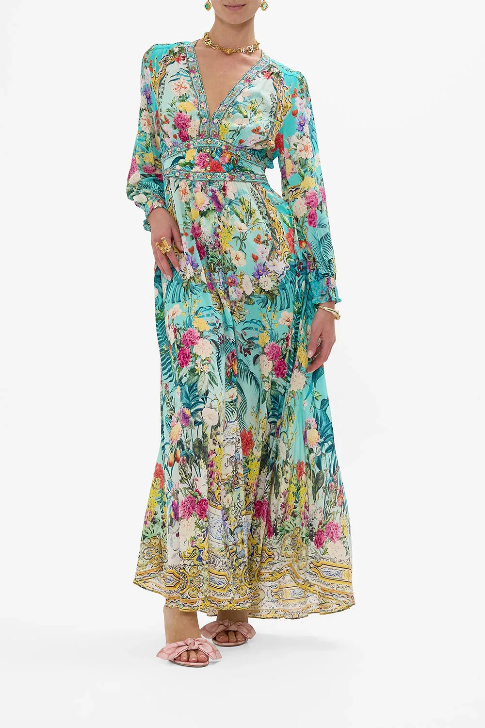 Europese en Amerikaanse nieuwe collectie Hot Sale PrintingVCollar lange mouwen bubble mouw taille gebonden zomer nieuwe dameskleding