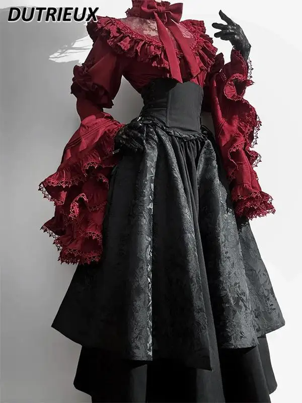 Halloween Costume Gothic Lolita Sweet Outfits High Waist Long Skirt and Long-sleeve Shirt Gorgeous and Elegant Two Piece Set