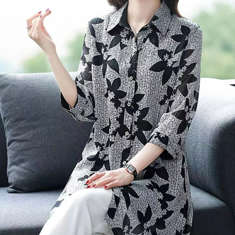 Summer POLO Collar Fashion Three Quarter Shirt Women High Street Casual Loose Button Cardigan Elegant Printing Mid-length Tops