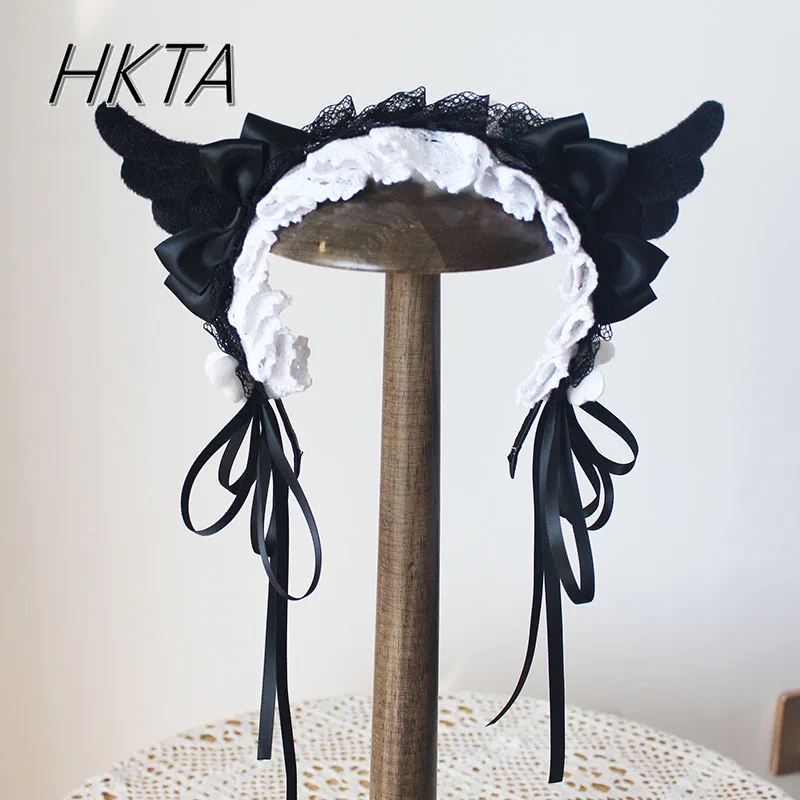 Original Lolita Hairpin Cute Angel Wings Black and White Headband Bow Kc Hottie Maid Soft Girl Hair Bow Y2K Headgear Accessories