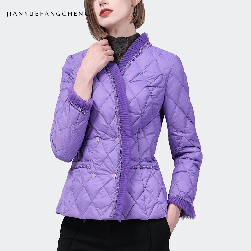 Luxury Beaded Ruffle V-Neck Down Jacket Women Winter Warm White Duck Down Padded Puffer Coat Elegant Slim Short Purple Jackets