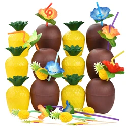 Coconut Pineapple Cups with Straws, Hawaiian Luau Tiki and Beach Theme Party Decorations（No Cocktail Drinking Umbrella Picks）