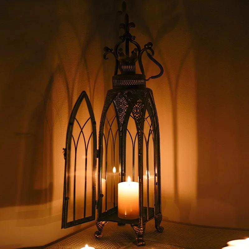 Retro wrought iron candle holder living room villa glass hollow candle light European Moroccan ambient light ornament