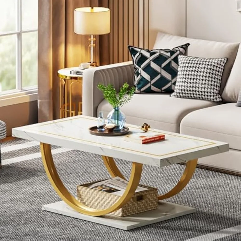 

Modern Table White Gold Coffee Table Rectangle Table for Living Room, Engineered Wood Table,White and Gold