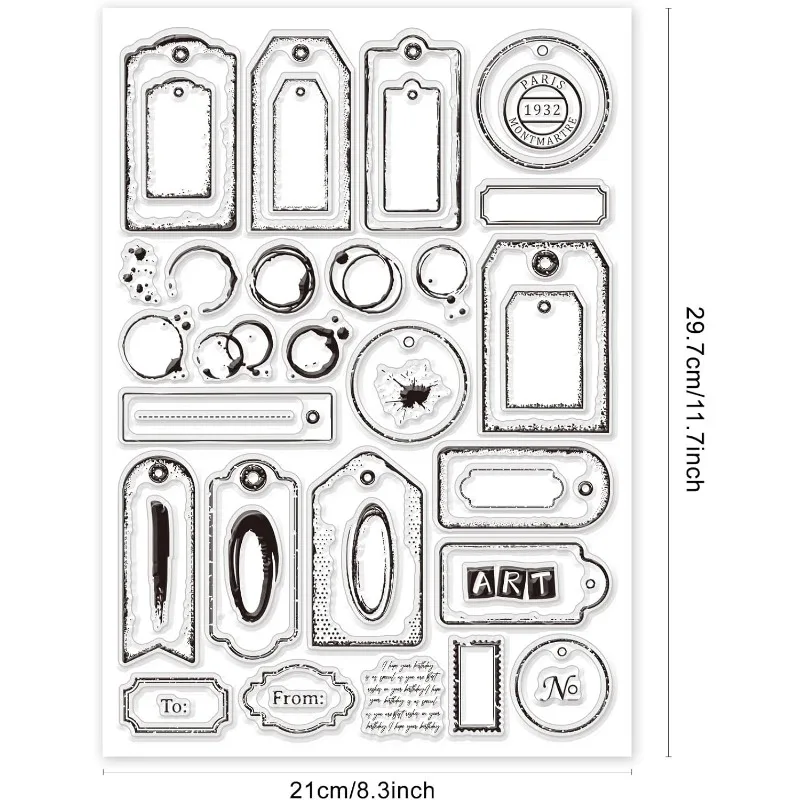 1Sheet Retro Label Clear Stamps for DIY Scrapbooking Vintage Banner Tags Silicone Clear Stamp Seals 8.3x11.7inch Transparent