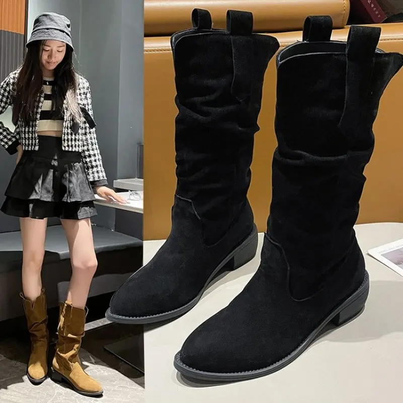 

Natural Suede Embroidered Women Boots Leather Handmade Pointed Toe Spike Heel Autumn Winter Boots Cowboy New Western Retro Botas