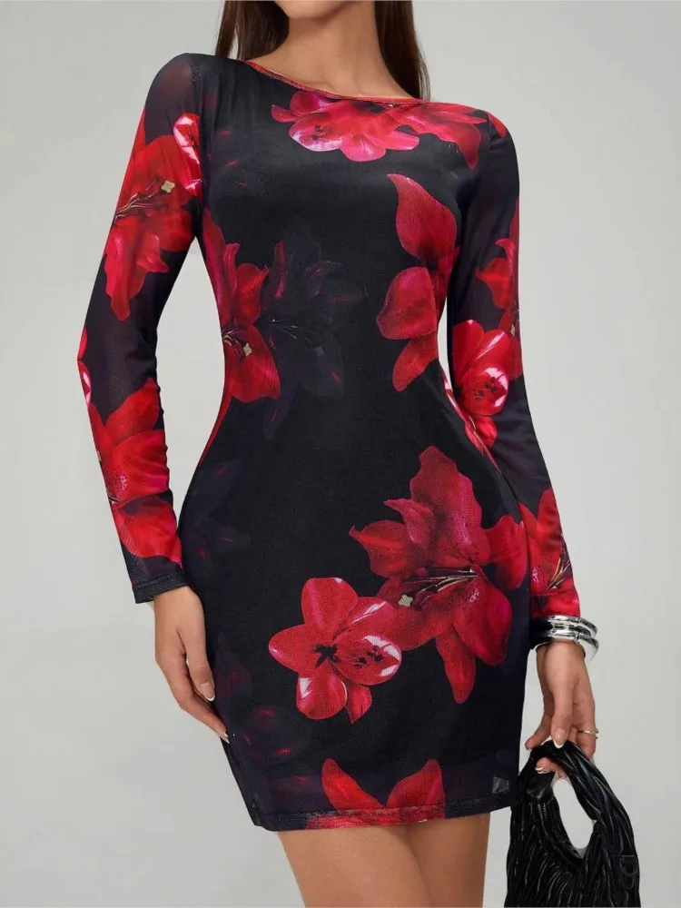 

Dresses 2025 Woman Floral Printed Round Neck Mesh Slim Long-sleeved Dress Temperament Intellect Bodycon Trendy Vestidos Elegant