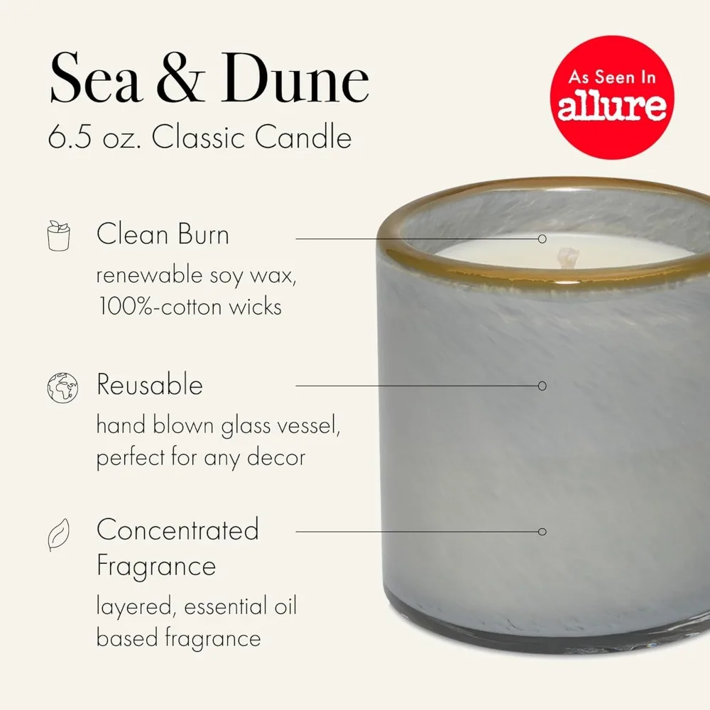 Classic 6.5 oz Sea & Dune Scented Candle with 50-Hour Burn Time, Reusable Hand Blown Glass, American Made