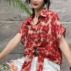 Vintage Style Summer New Polo Collar Women's Print Tie Dye Single Breasted Knotted Fashion Short Sleeve Loose Chiffon Shirt Tops