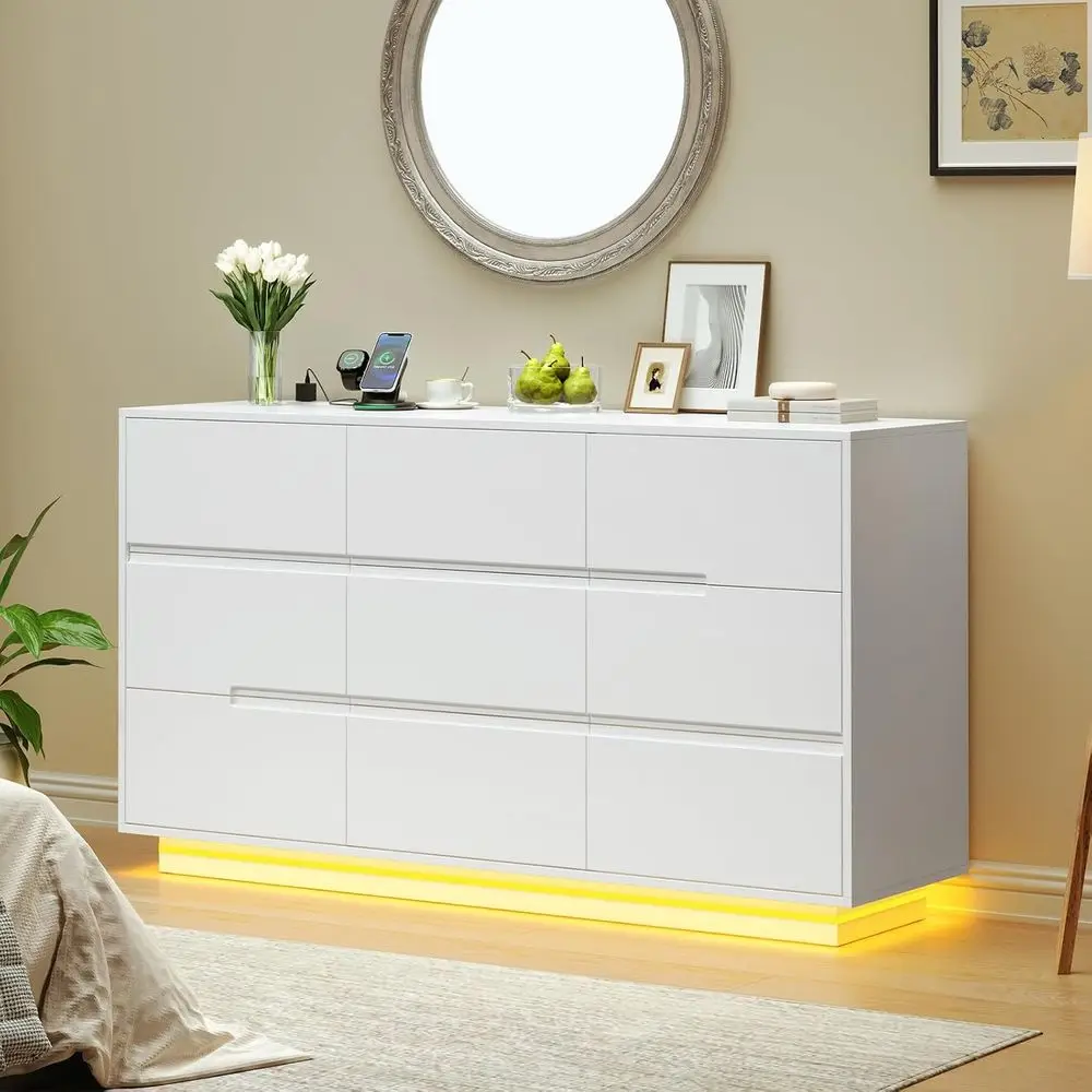 55 White Dresser with Charging Station, LED Light, and Organizer for Bedroom, Living Room, Hallway