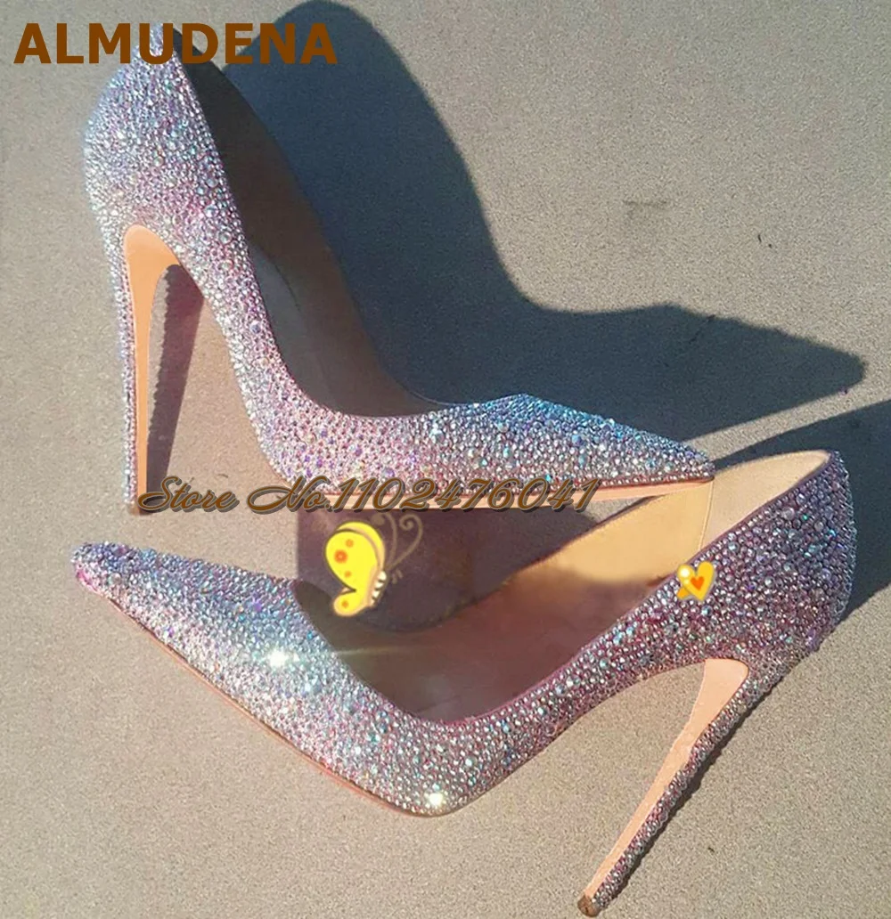 

Almudena Silver Gold Full Crystal Bling Bling Wedding Shoes 12cm 10cm 8cm Stilettos Pointed Toe Shallow Pumps Rhinestone Heels