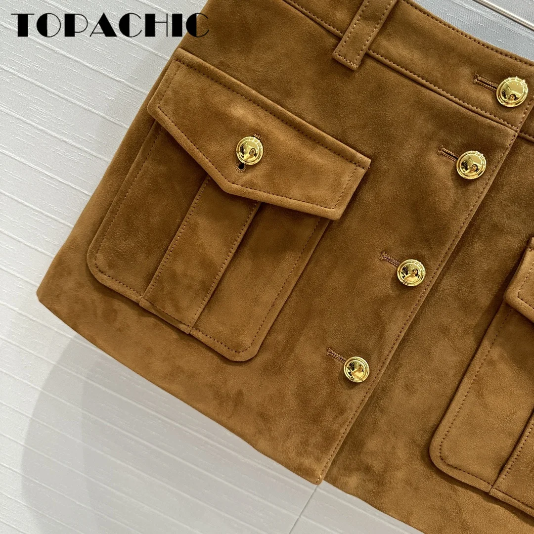 7.12 TOPACHIC Women Vintage Cow Suede Genuine Leather Straight Short Skirt Pocket Gold Botton Low Waist Mini Skirt