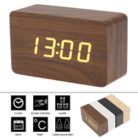 LED Wood Alarm Clock Voice Control Time Date Temperature Digital Bamboo Rectangle Table Desktop Clocks  Wood Alarm Clock