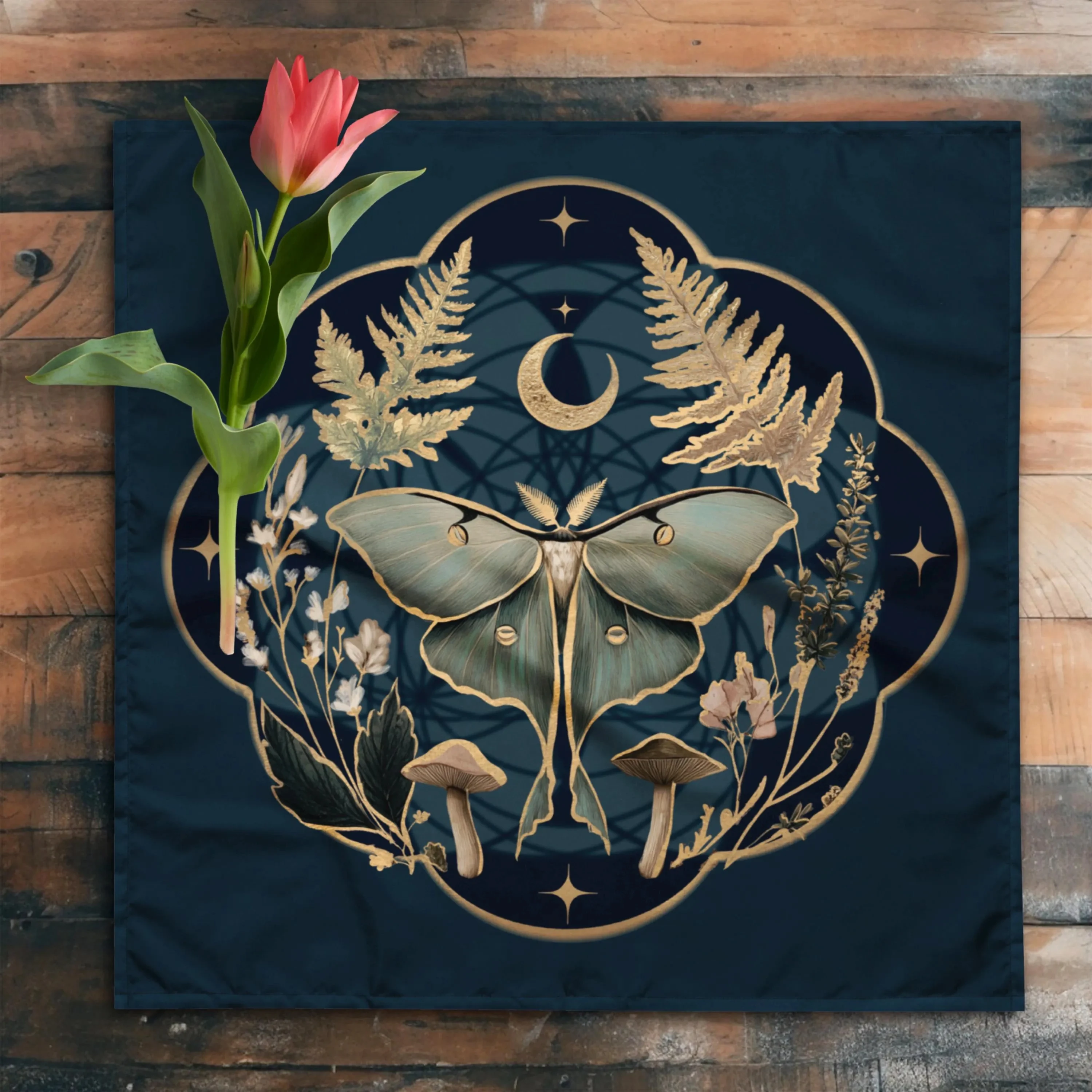 50/75/110/137cm Lunar Moth Altar Tablecloth Teal Gold Tarot Reading Crystal Grid Waterproof Polyester Tarot Mat