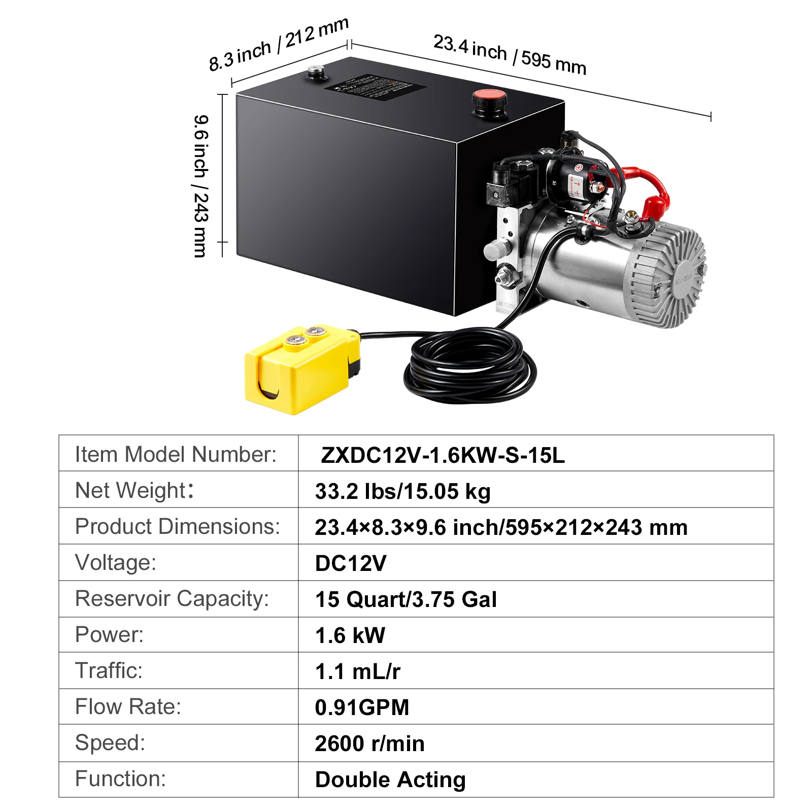 SucceBuy Hydraulische Pomp 4-20 Quart Dump Trailer Pomp Dubbelwerkende Dump Trailer Pomp DC 12V Hydraulische Power Unit voor Auto Lifting - afbeelding 1