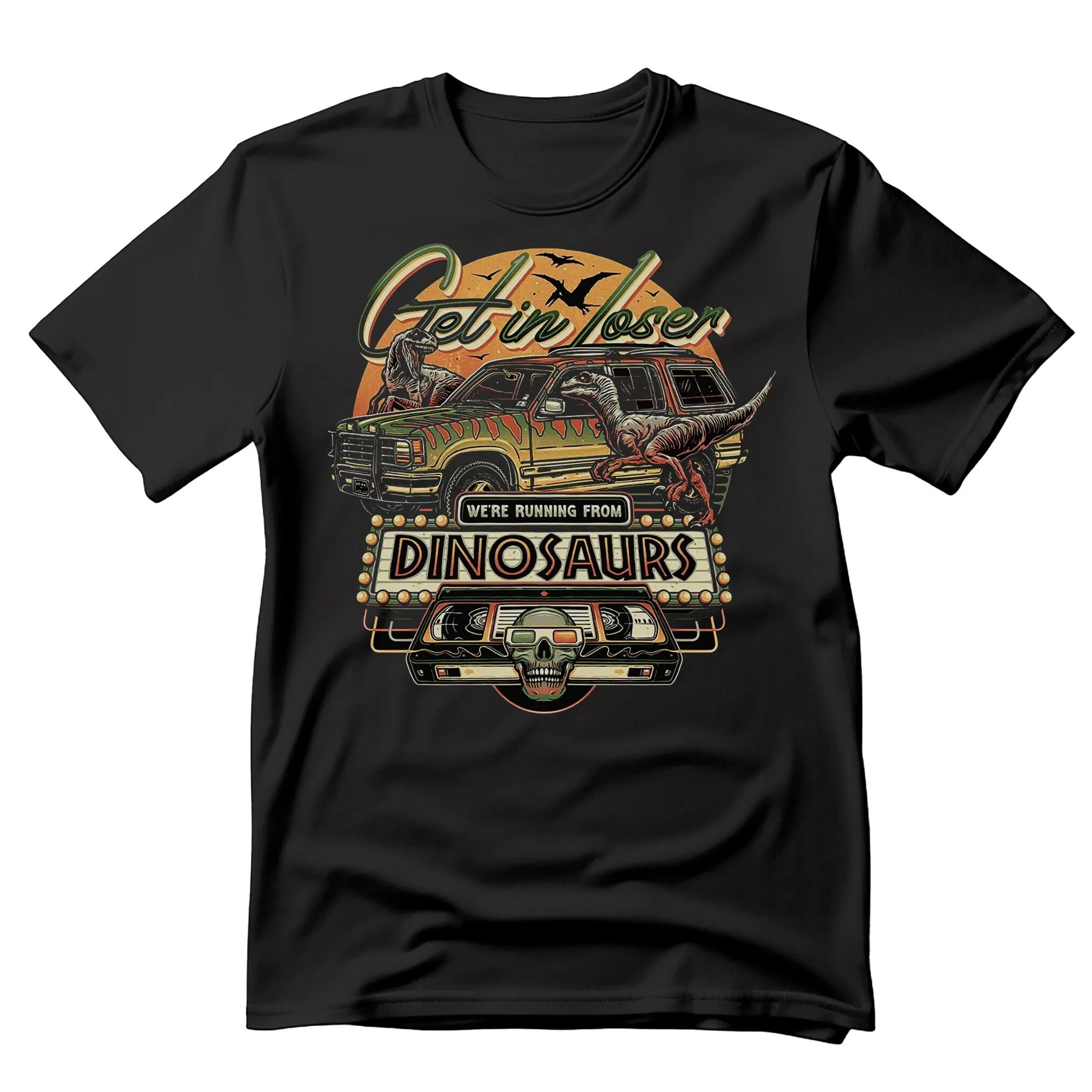 Camiseta Running From Dinosaurs All Genders Black Jurassic Rex temática para hombre Dino niños y niñas Top