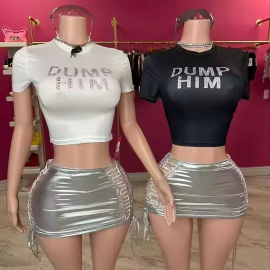 

Y2K streetwear loungewear outfits graphic print crop tops and bodycon mini silver skirt sexy 2 piece set women streetwear