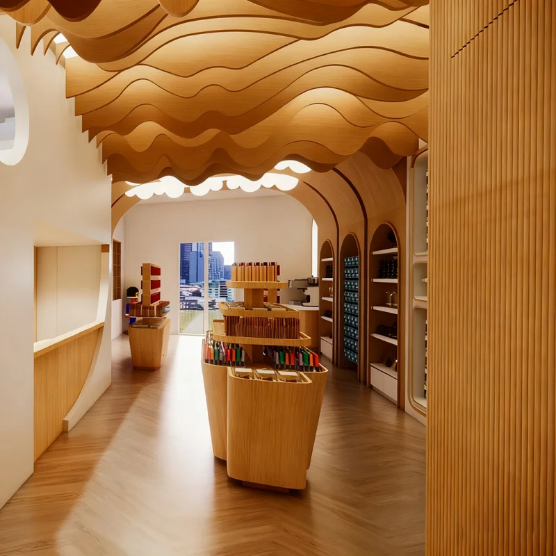 custom.Wooden Display Shelf Cosmetics and Fragrances - Custom Factory-Built Design to Enhance Beauty Salons