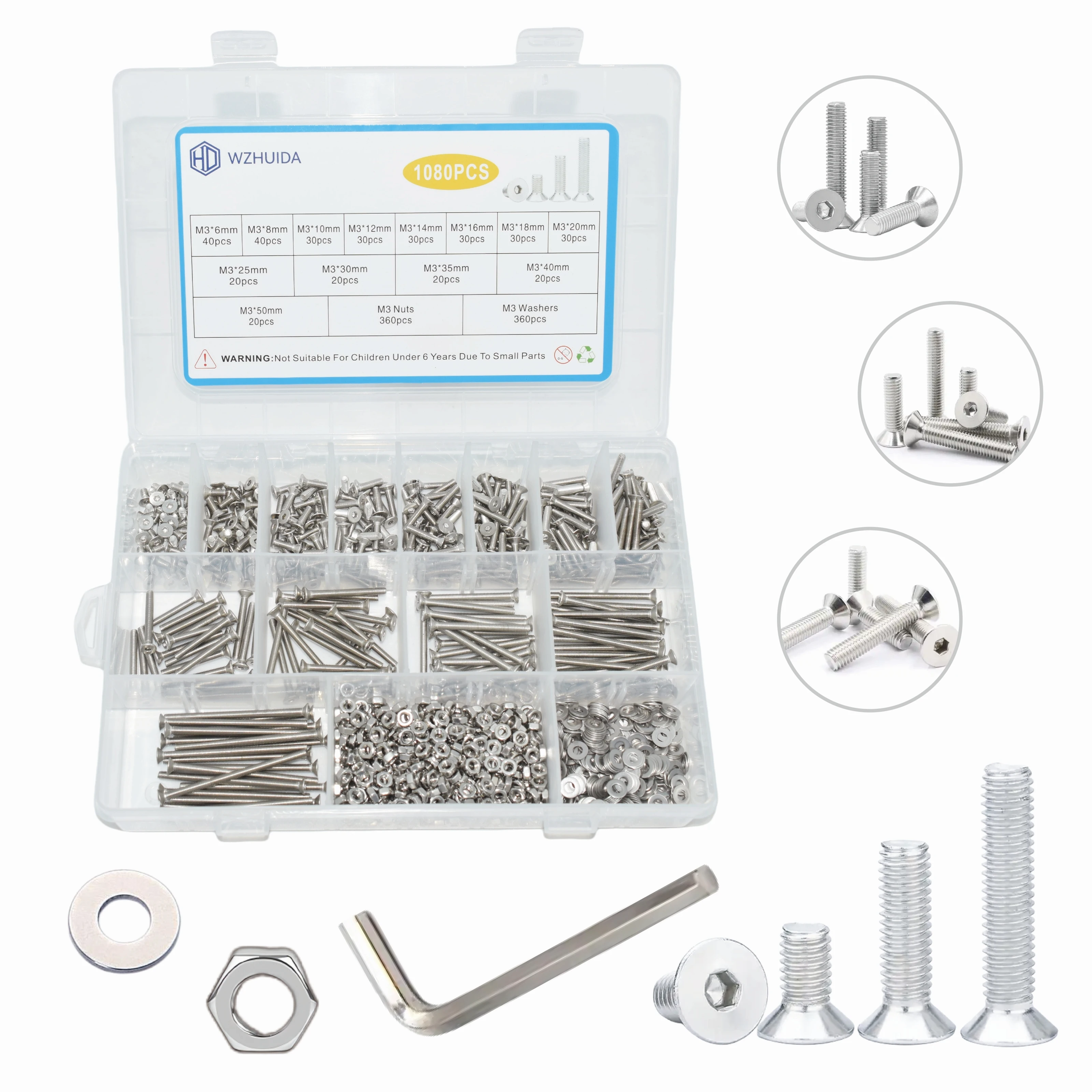 

WZHUIDA 1080 Pcs M3 Screw Assortment, M3x6-50mm, Stainless Metric Hex Flat Head Countersunk Screws Nuts and Washers with Wrench