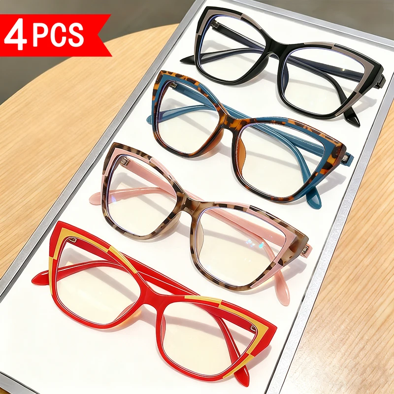 

【Набор из четырех пар】Новые модные очки «кошачий глаз» с защитой от синего света, без диоптрий, унисекс, стильные очки с цветными вставками, очки высокой четкости, подходят для повседневной носки и уличной фотографии, идеальный подарок