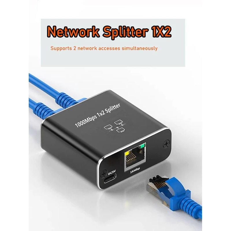 Ethernet-Splitter 1 bis 2 Hochgeschwindigkeits-Ethernet-Switch 1000 Mbit/s 2-Port-Gigabit-Ethernet-Splitter Splitter mit Netzkabel
