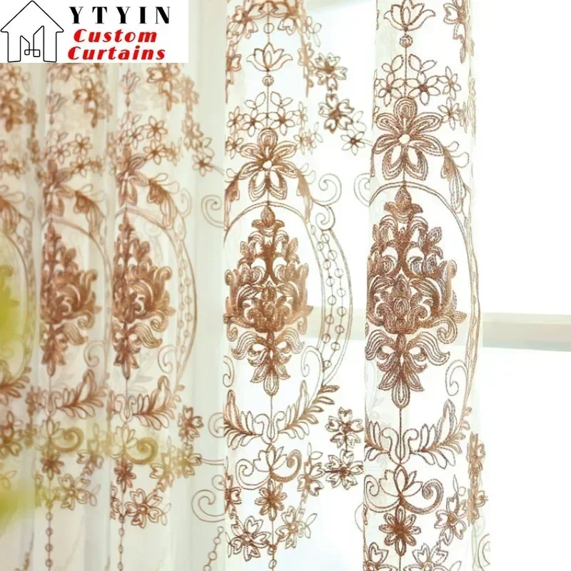 

European Embroidered Flower Curtains for Living Dining Room Bedroom Fabric Curtains Coffee Color New Door Curtains Windows