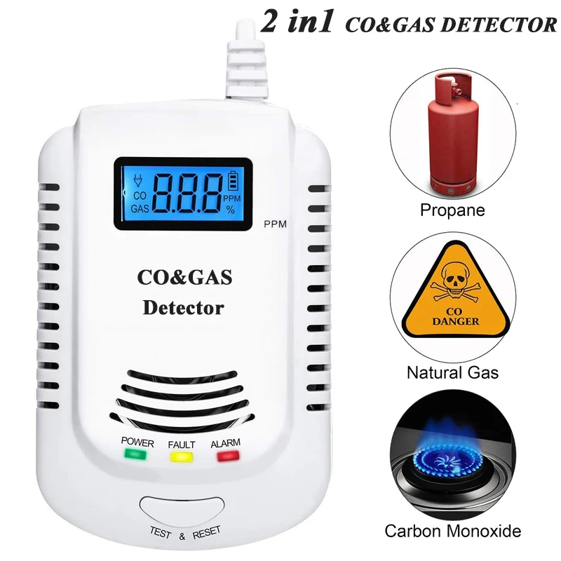 2 in 1 천연 가스 및 일산화탄소 CO 감지기, AC90V-240V EU 플러그, DC9V 배터리 구동, 가연성 가스 누출 감지기 모니터 