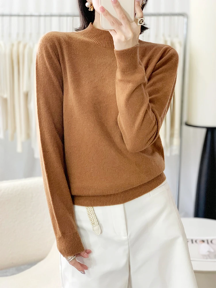 Winter Bloom 100% Merino Wool Women Mock‑Neck Pullover Autumn Winter Tick Warm Korean Style Oversized Casual Knit Sweater Top