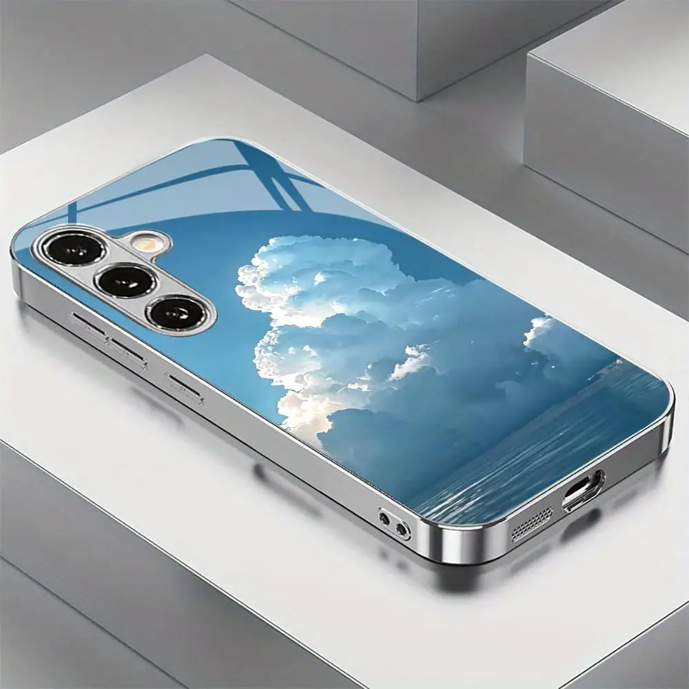 Majestic Cloud Silver Electroplated Mirror Glass Phone Case For Samsung Galaxy S24 Ultra S23 S22 S21 FE Anti‑Fingerprint Shell