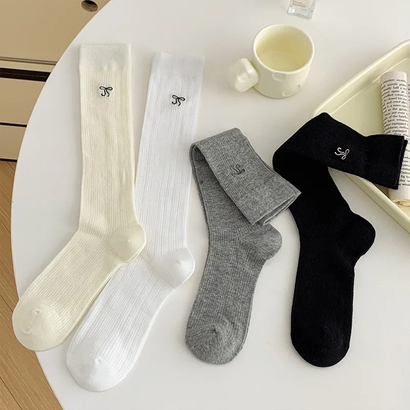 2/1Pairs Women Bowknot Embroidery Calf Socks Preppy Girls Striped Mesh Knee High Sock Comfortable Breathable Thin Stacking Socks