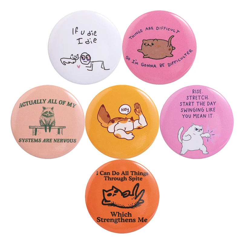 Funny Cat Raccoon Meme Tinplate Soft Button Pins Cute Animal & Sarcastic Quotes Brooch Bags Lapel Badge Jewelry Gift for Friends