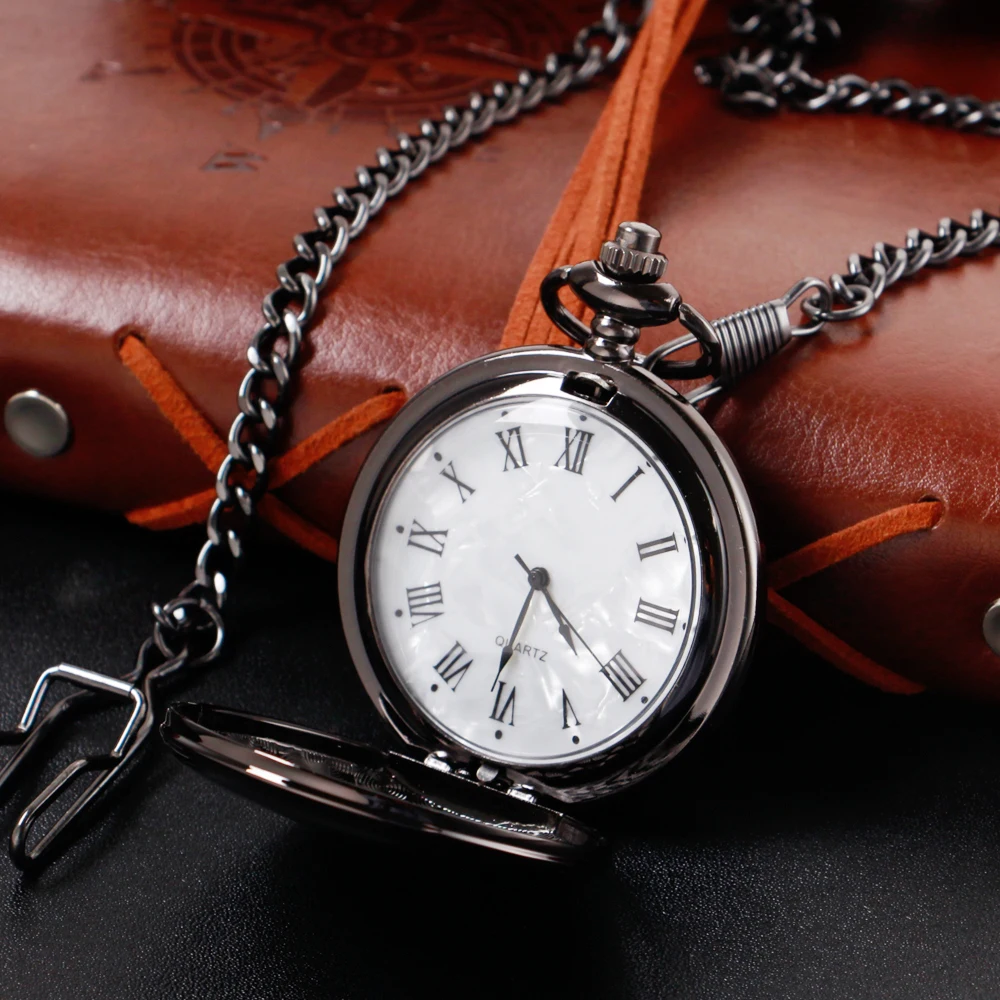 All Black Quartz Pocket Watch Necklace Fashion Steampunk Roma Amber Shellfish Dial Pocket FOB Watch Men Women Gifts With Chain