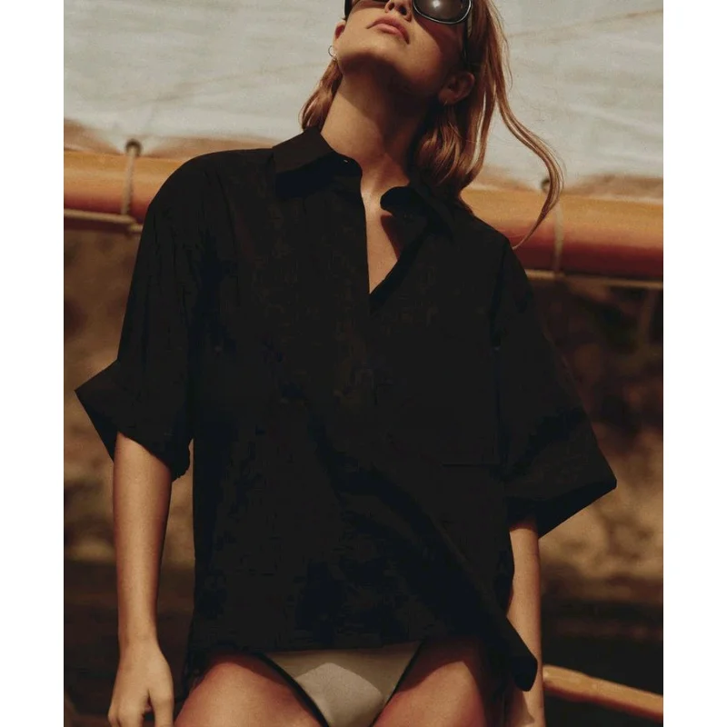 Spring Faion Commute Simple Versatile Turn-down Collar Cuff ort Sve ket Decorated Silk irt Loose Fit Regular Leng...