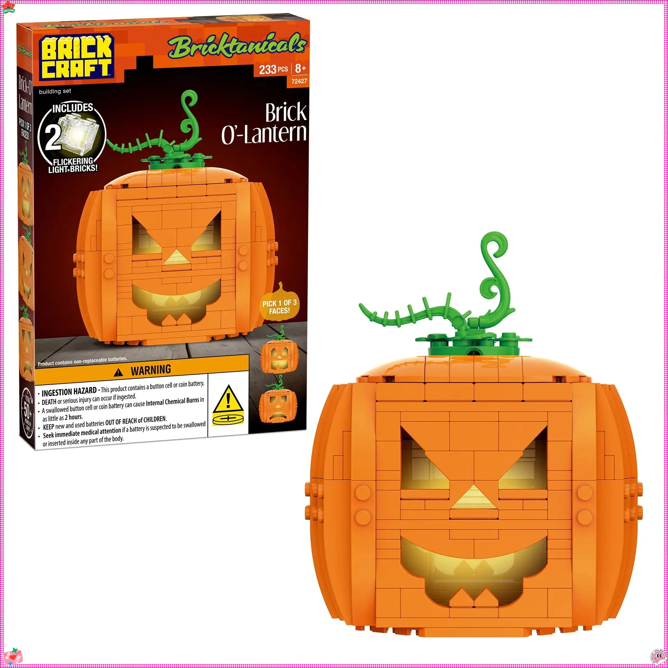 Creative Brick Pumpkin - 233 Pcs 3-Sided Jack-O-Lantern with LED Light, 13.7cm Halloween Build Kit for Family & Party Fun