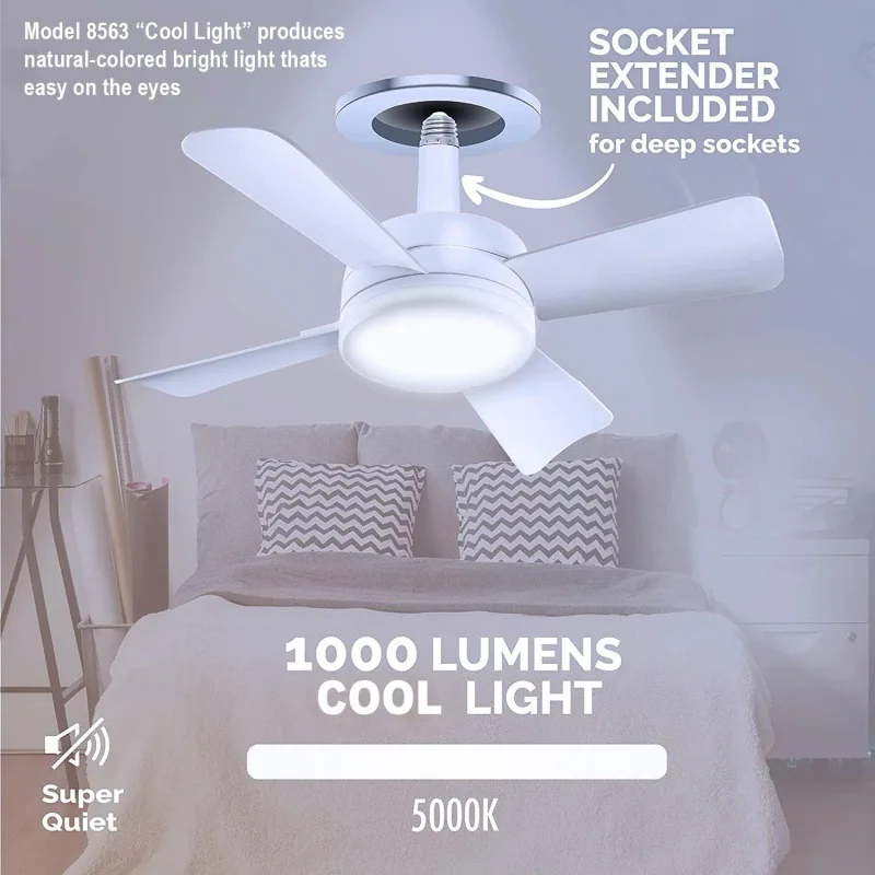 Socket Fan Light 1000 Lumen 5000K Bulb Cool Lamp LED Ceiling Fans with Lights and Remote Control For Bedroom Kitchen Living Room