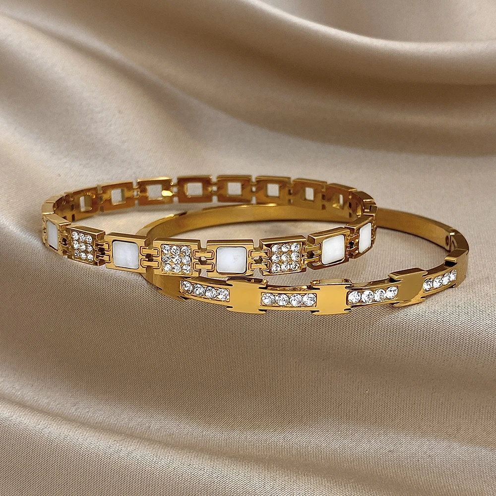 Freetry رائعة تألق أحجار الراين الفولاذ المقاوم للصدأ الكفة سوار للنساء أنيقة فاخرة الذهب اللون جولة واسعة الإسورة هدية #6