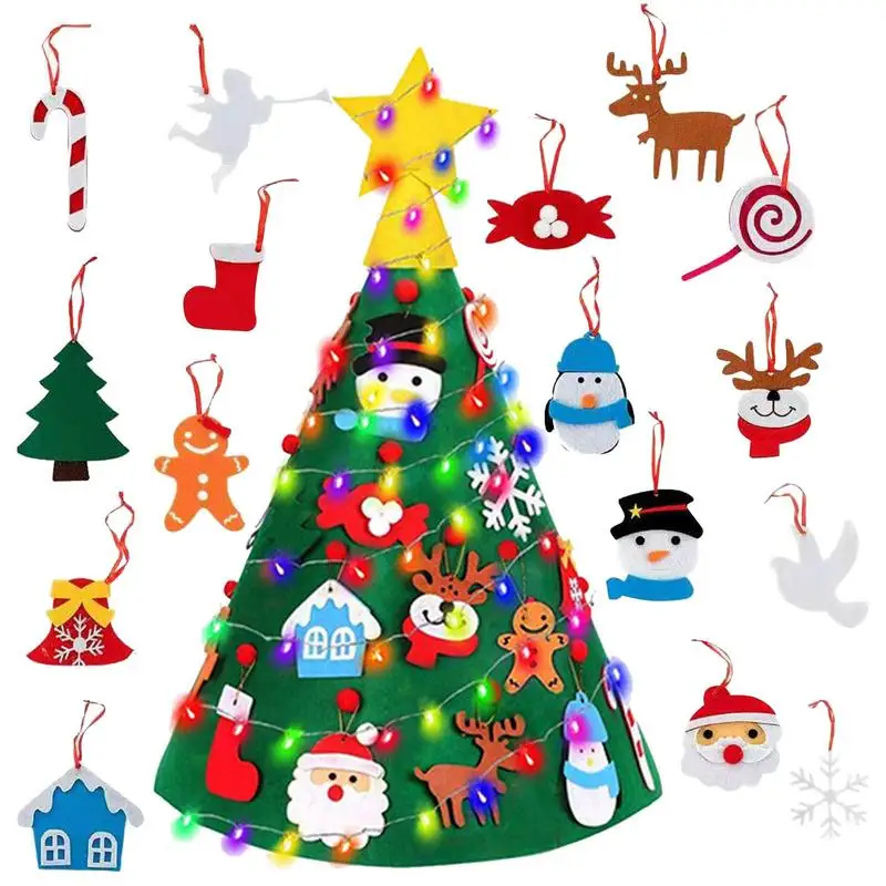 Felt Christmas Tree LED String Light With 16 Detachable Ornaments Christmas Felt Tree Door Wall Hanging for Kids