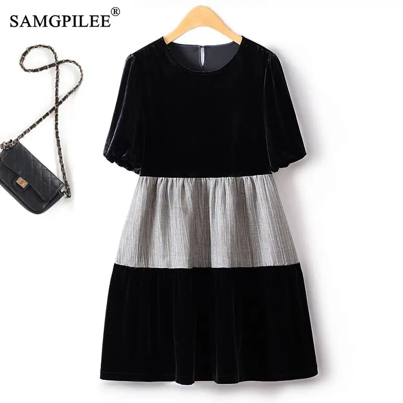 

2023 Autumn Winter Korean Fashion Color Matching Velvet Short Sleeve O Neck Sweet Commuting Solid Elegant And Pretty Women Dress