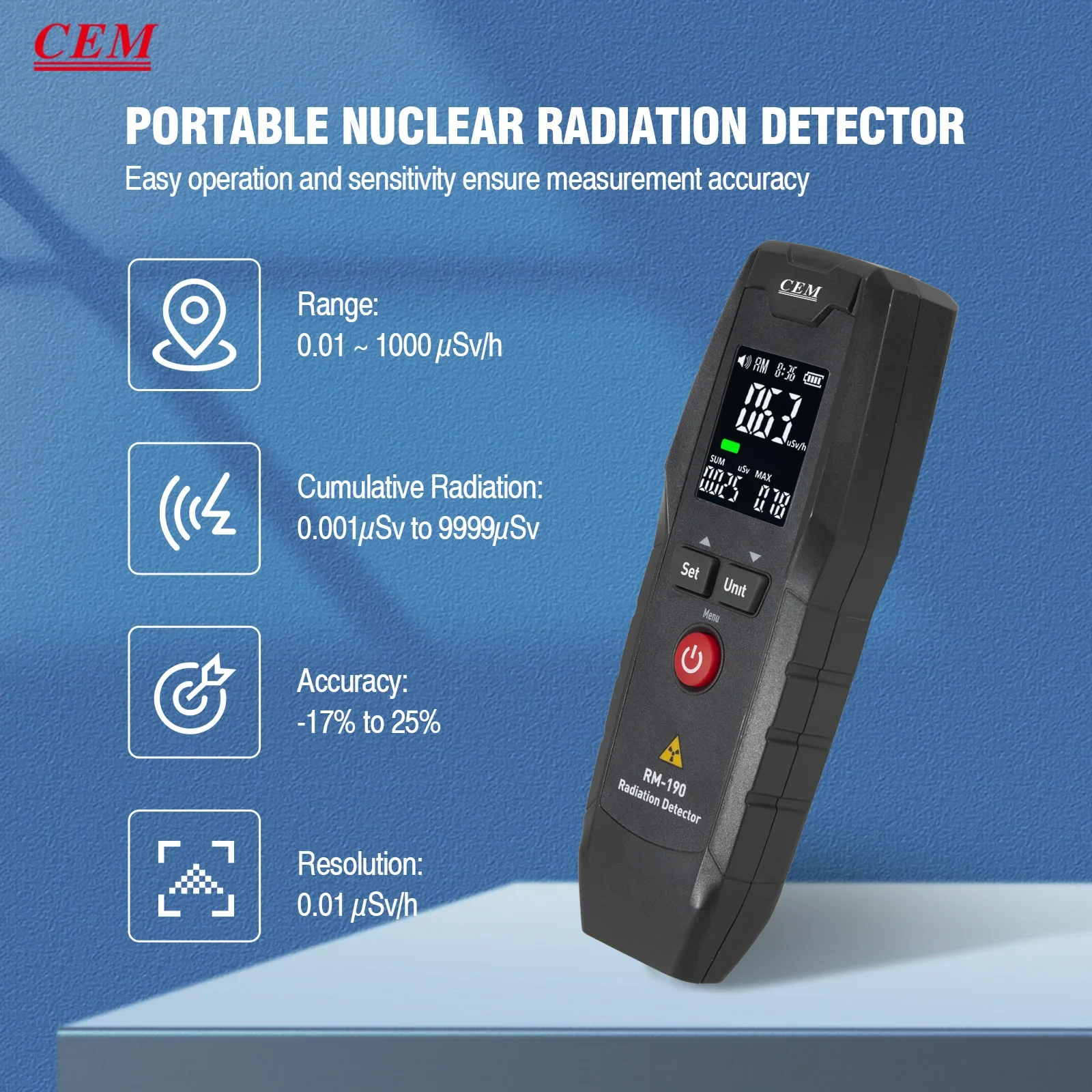 Detector de radiación Nuclear Digital RM-190, dosímetro de emisión de contador portátil, incluye batería, contador Geiger, rayos X Beta Gamma