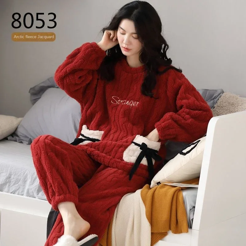 Coral Fleece Pajamas Girls Red Festive Cartoon Autumn and Winter Thickened Fleece Student Flannel Loungewear Set Comfortable