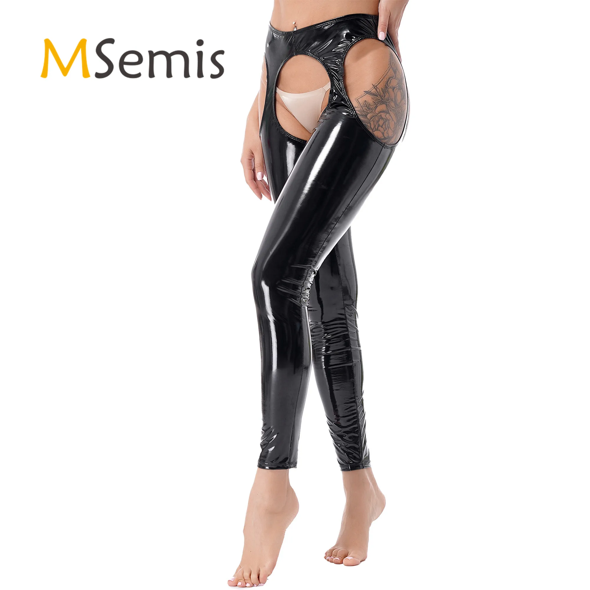 Womens Open Butt Patent Leather Skinny Pants Lingerie Club Rave Outfit Wet Look High Waist Cutout Leggings Crotchless Clubwear