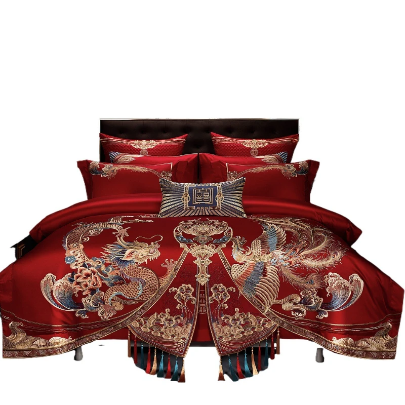 Wedding four-piece set of long-staple cotton bright red embroidery dragon and phoenix new wedding room happy quilt cotton ten