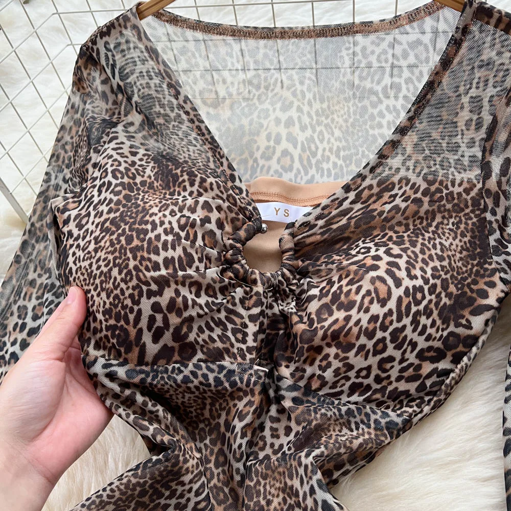 2025 Summer French Sexy Leopard Print Cutout Slim-fit Dress Women's V-neck High-waist Long Sleeve Hip-hugging Dress Hotsweet